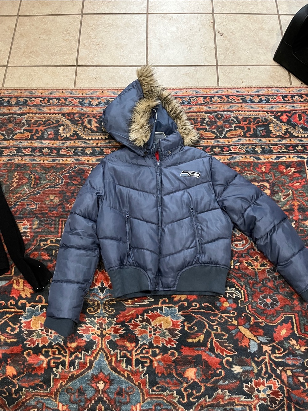 Kids Navy Puffer Jacket with Faux Fur Hood